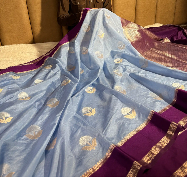 Powder Blue Eccentric Chiniya Silk Traditional Banarasi Saree