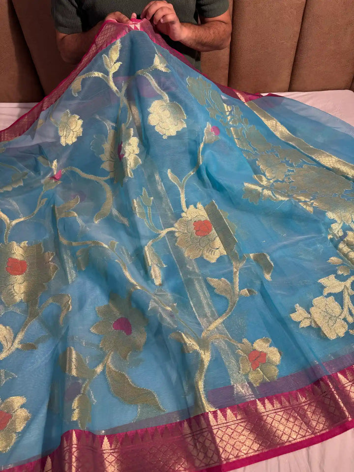 Powder Blue Premium Organza Banarasi Silk Saree with Extraordinary Pallu