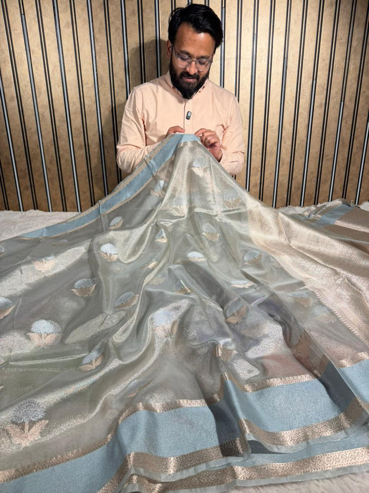 Powder Blue Soft Tissue Silk Heritage Banarasi Saree