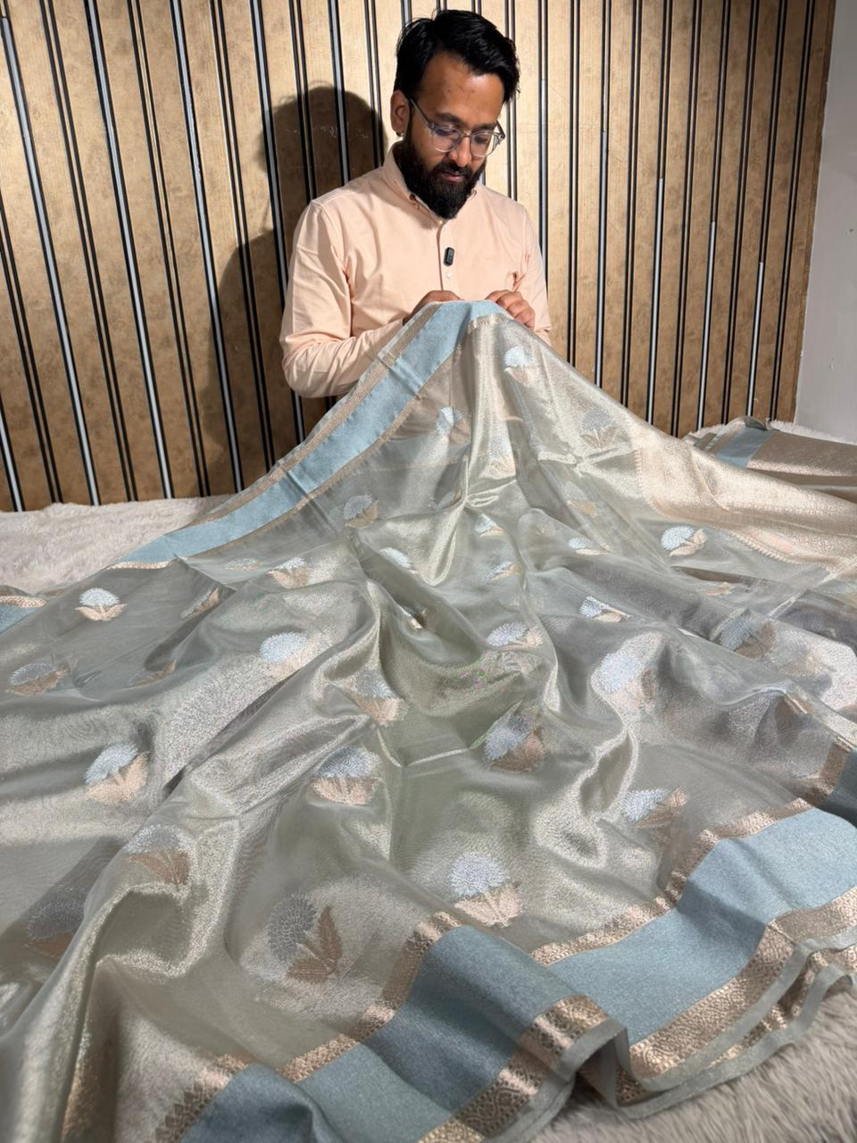 Powder Blue Soft Tissue Silk Heritage Banarasi Saree