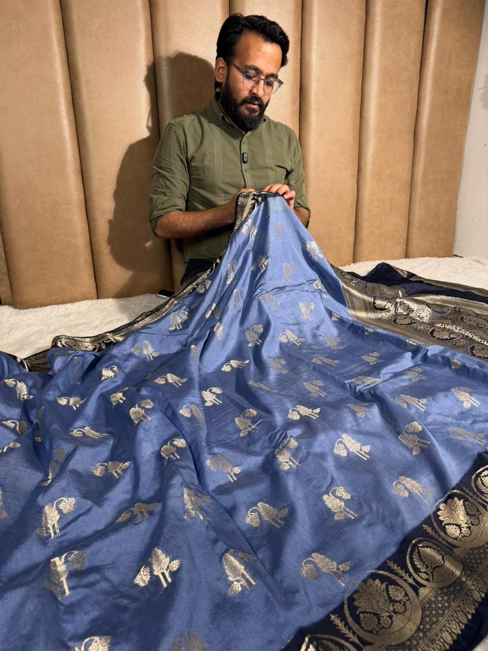Powder blue eccentric Chinia silk traditional Banarasi Saree
