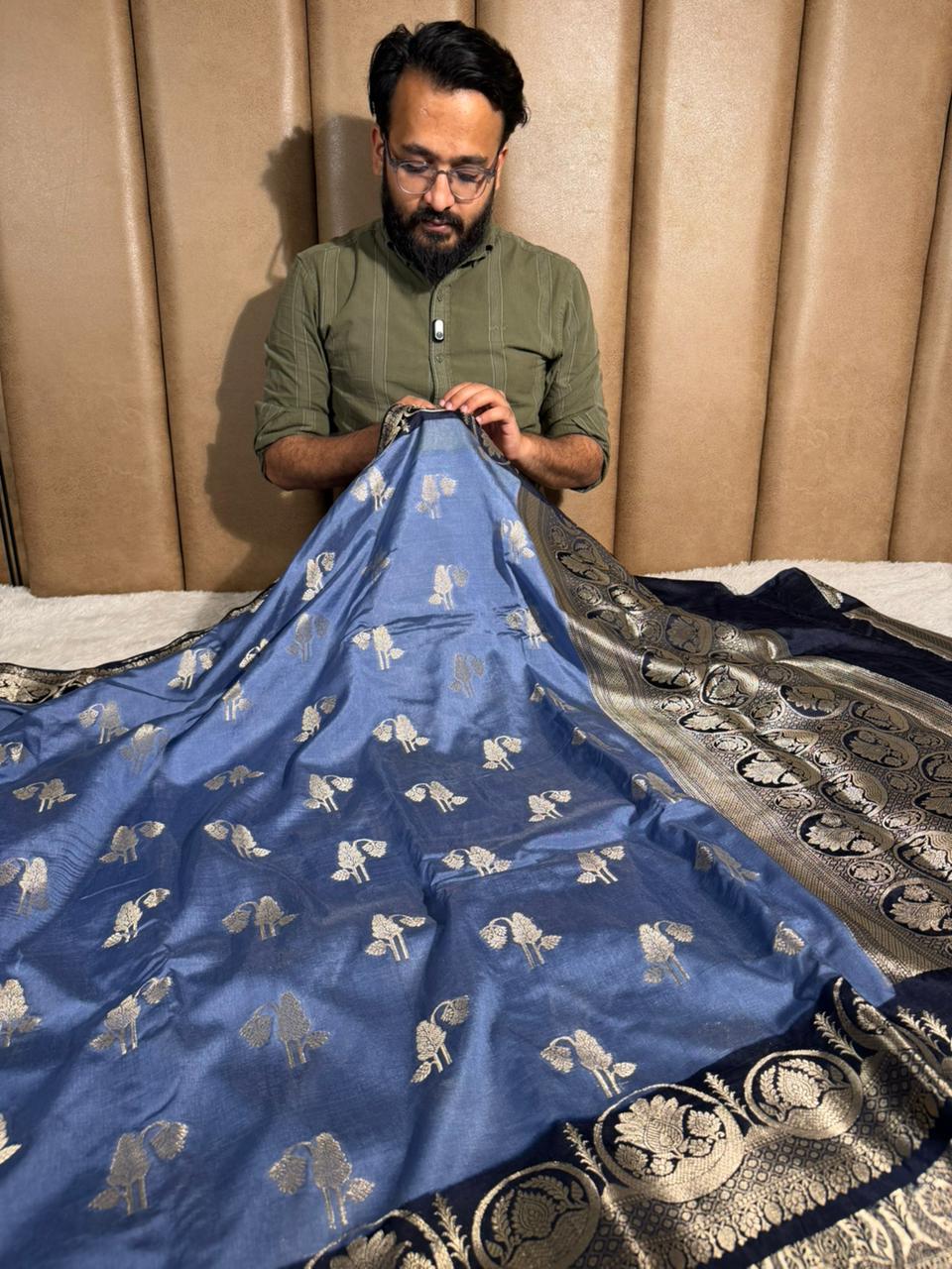 Powder blue eccentric Chinia silk traditional Banarasi Saree