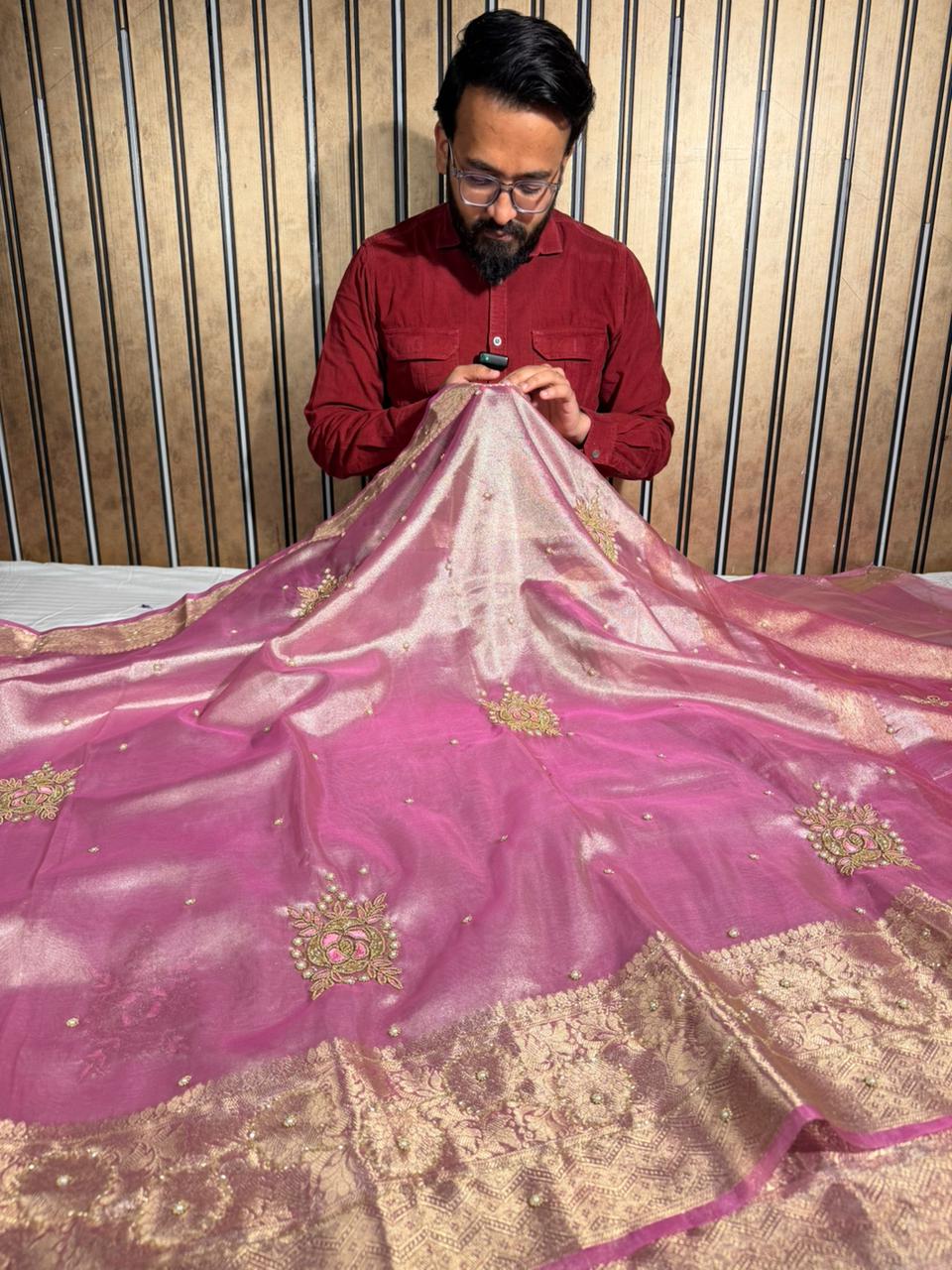 Preety Pink Tissue Silk Premium Handwork Banarasi Saree