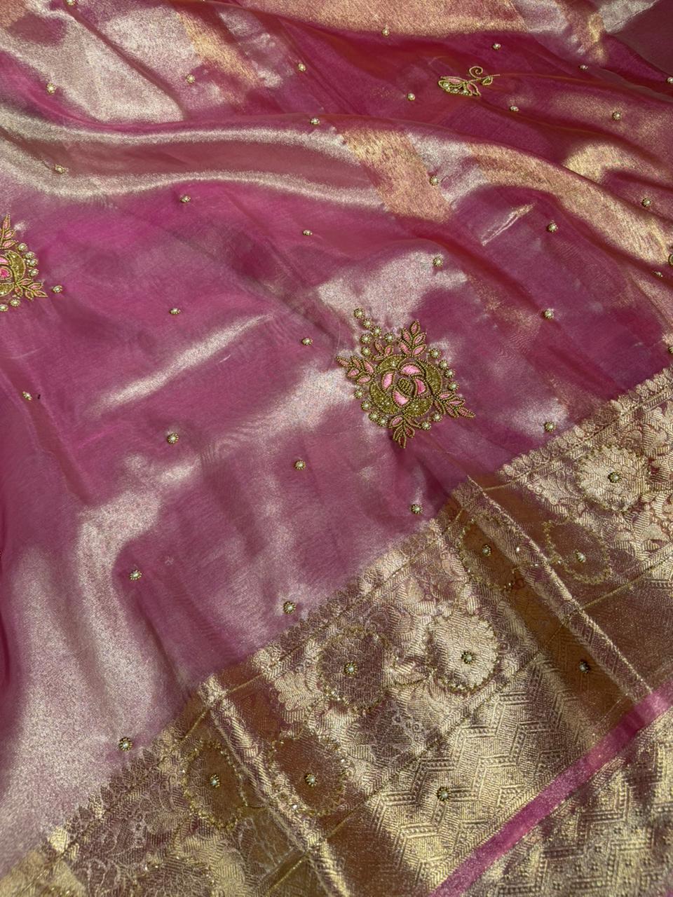 Preety Pink Tissue Silk Premium Handwork Banarasi Saree