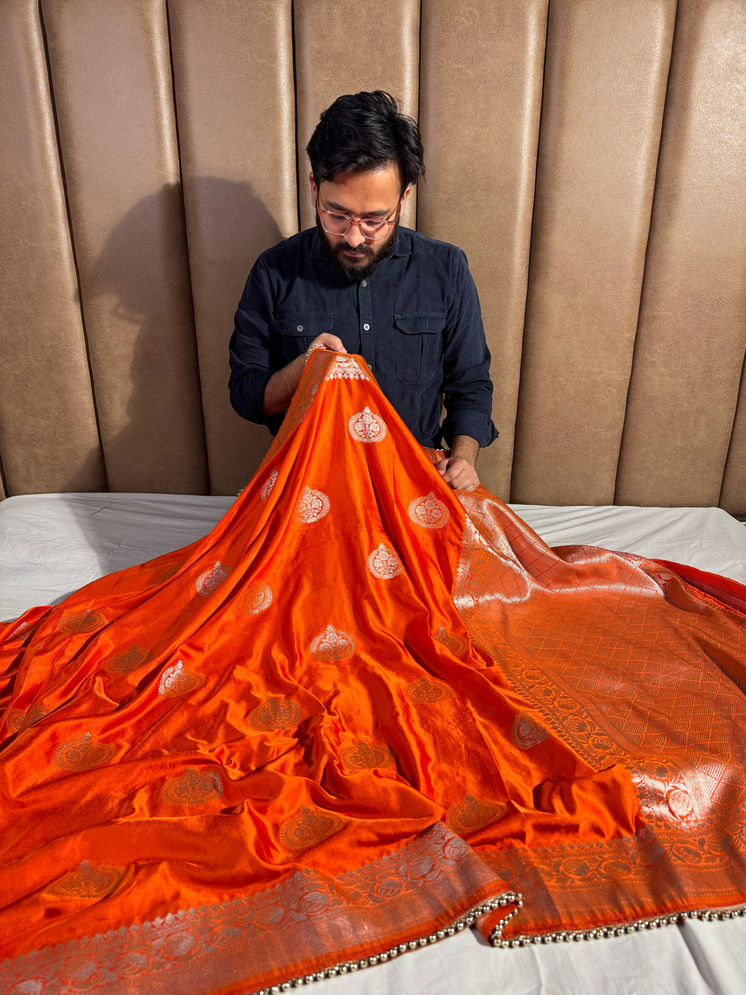 Premium Bright Orange Mashru Katan Silk with Lace Work