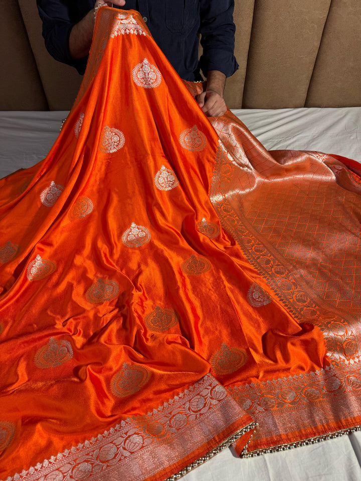 Premium Bright Orange Mashru Katan Silk with Lace Work