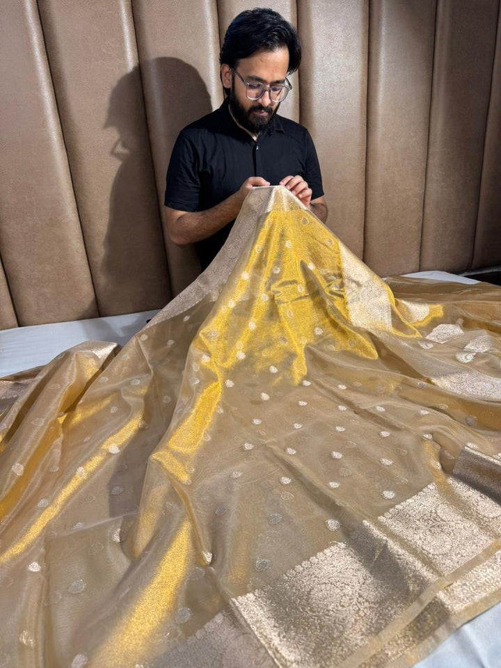 Premium Copper Tissue Silk Banarasi Saree with rich pallu and blouse