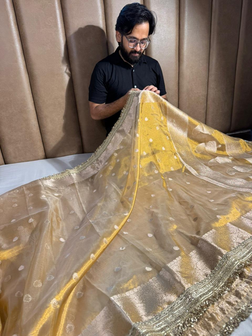 Premium Copper Tissue Silk Banarasi Saree with rich pallu heritage lacework and blouse