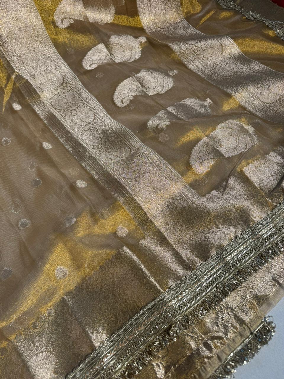 Premium Copper Tissue Silk Banarasi Saree with rich pallu heritage lacework and blouse