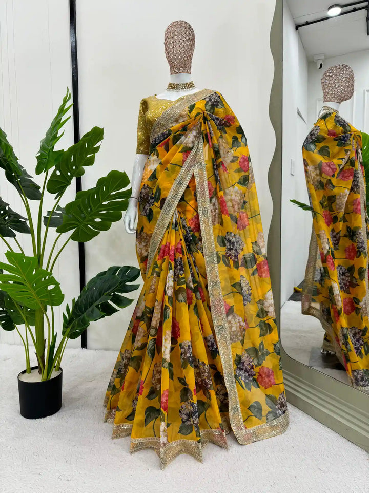 Premium Designer Saree in Silk Fabric with Print and Sequence Border Work