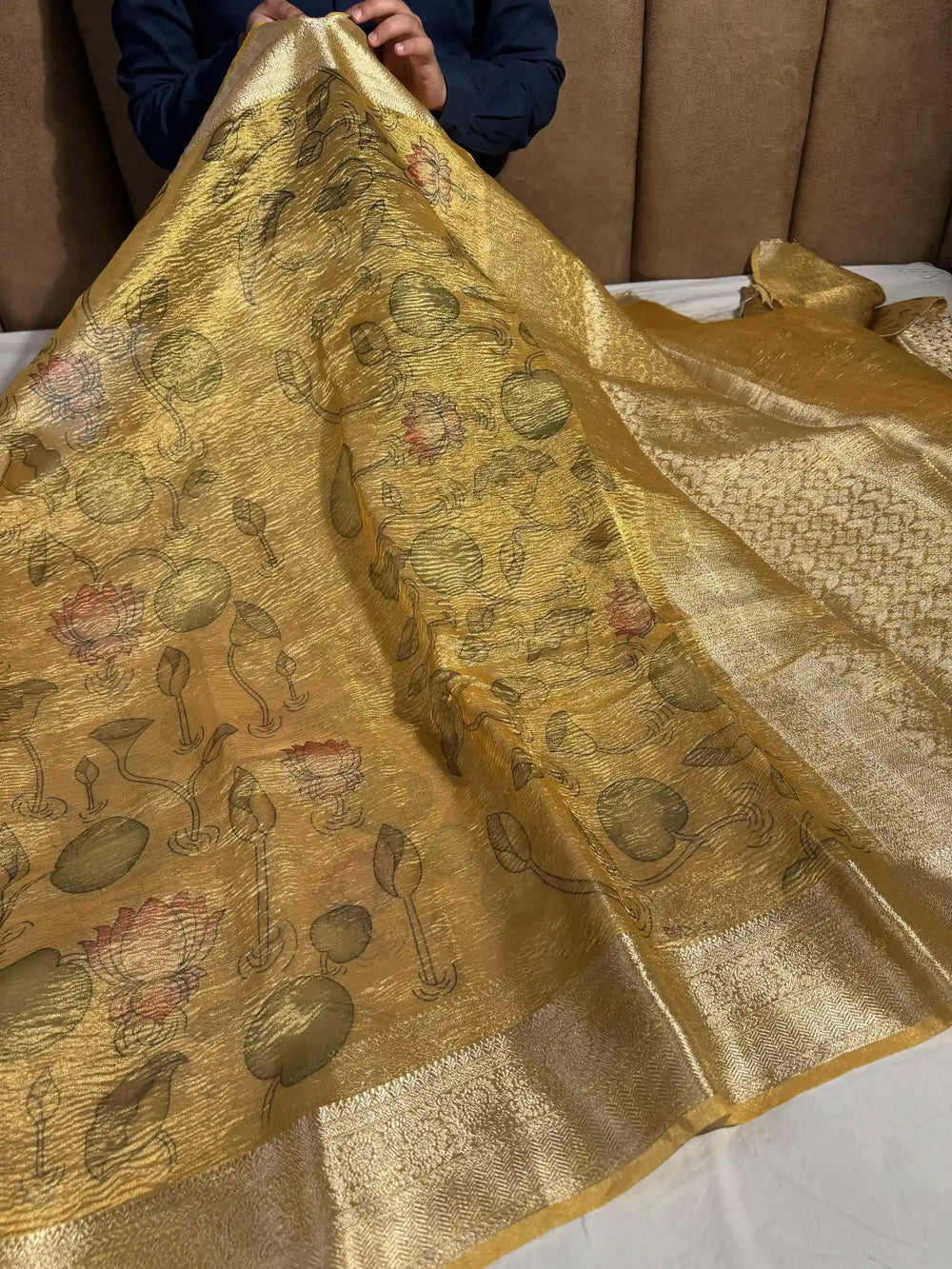 Premium Gold Kalamkari Digital Print Tissue Crush Saree