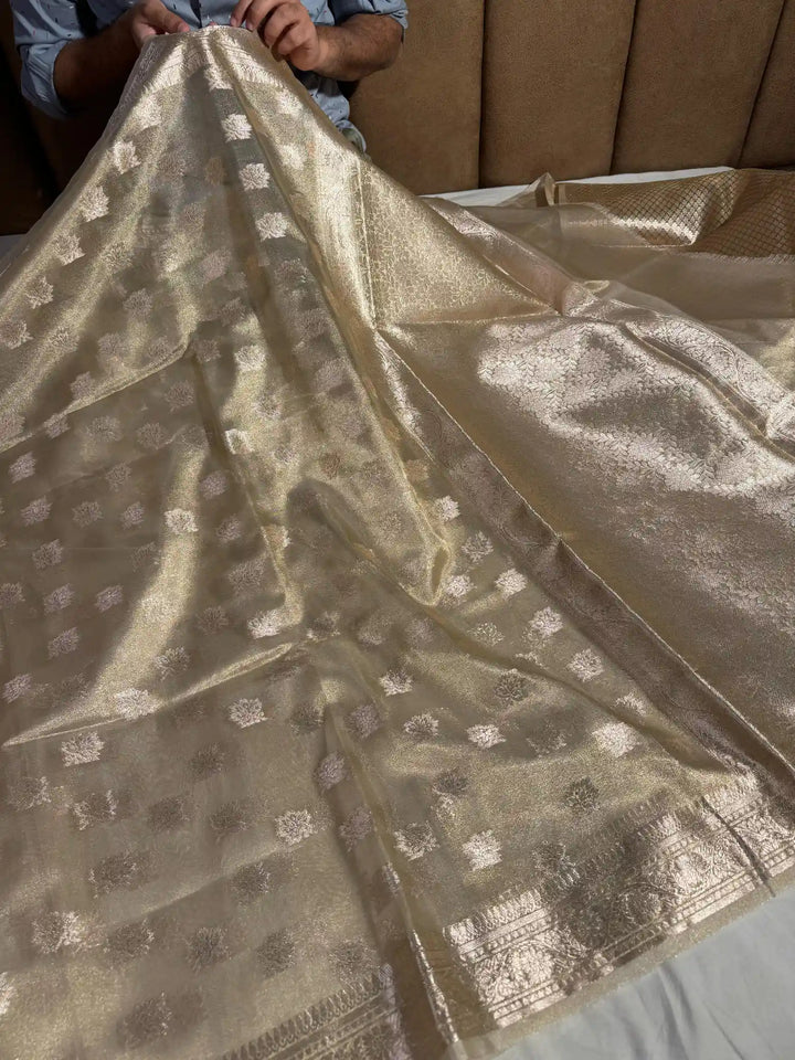 Premium Ivory Gold Tissue Silk Saree with Rich Pallu and Blouse