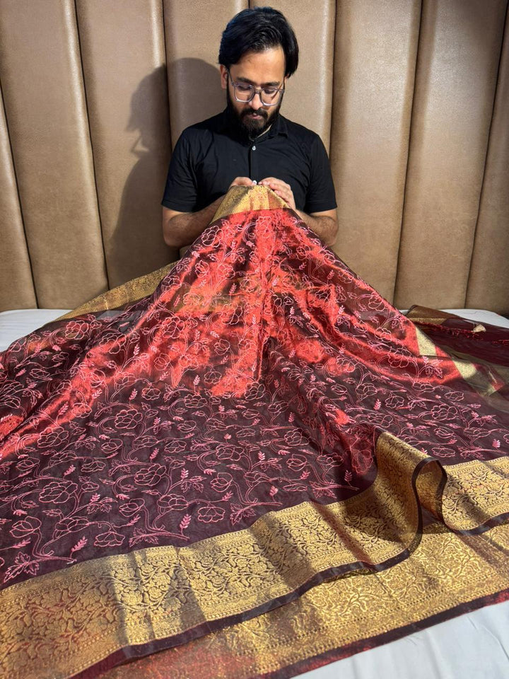 Premium Maroon banarasi chikankari tissue silk saree with rich zari pallu and blouse