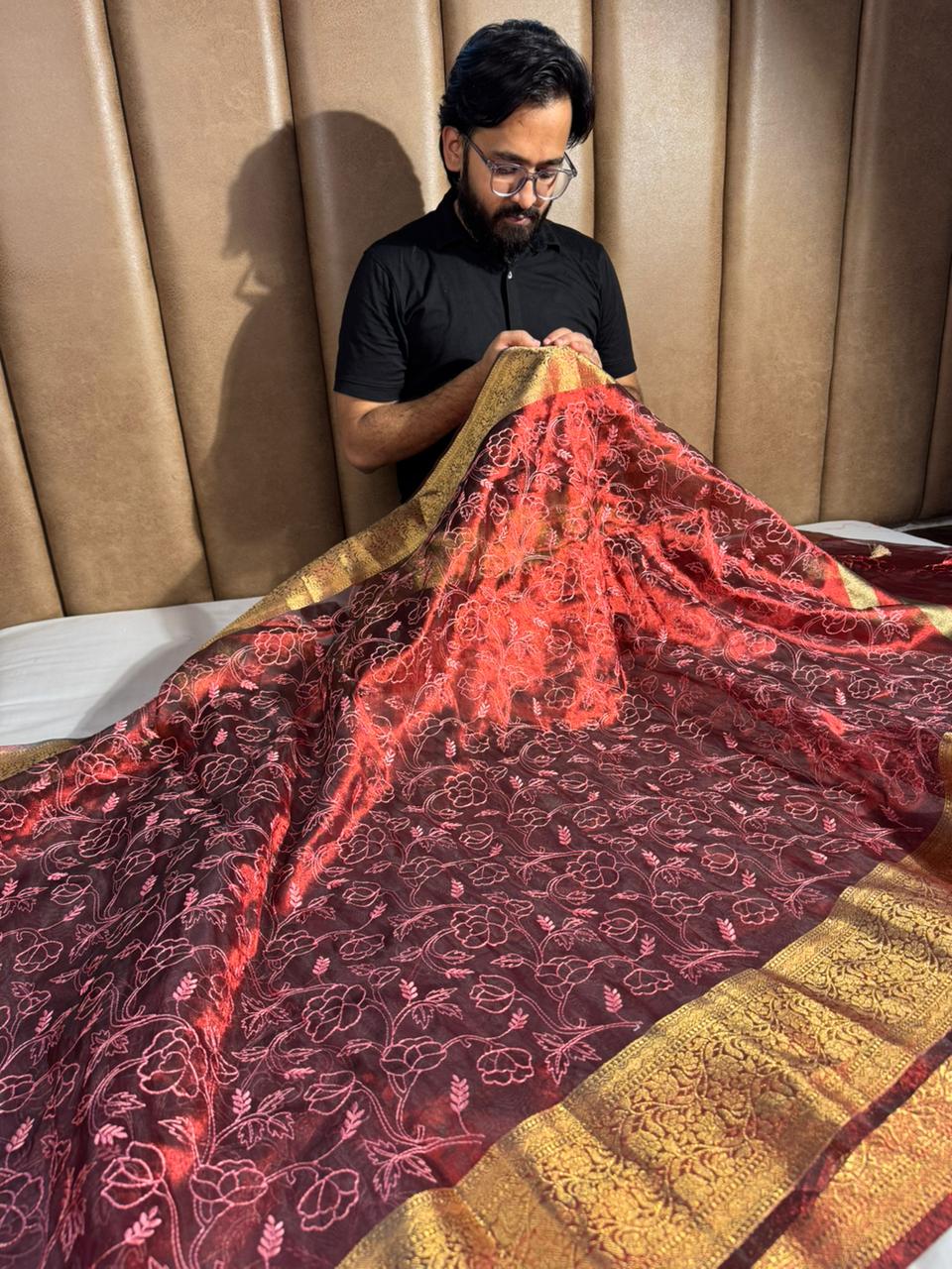 Premium Maroon banarasi chikankari tissue silk saree with rich zari pallu and blouse