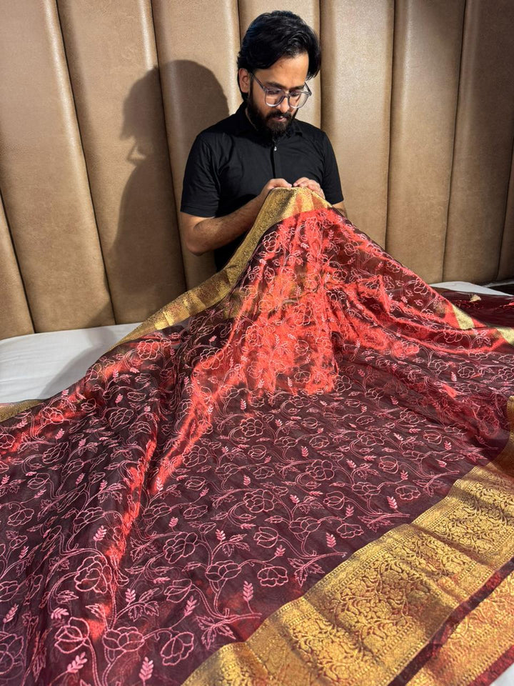 Premium Maroon banarasi chikankari tissue silk saree with rich zari pallu and blouse