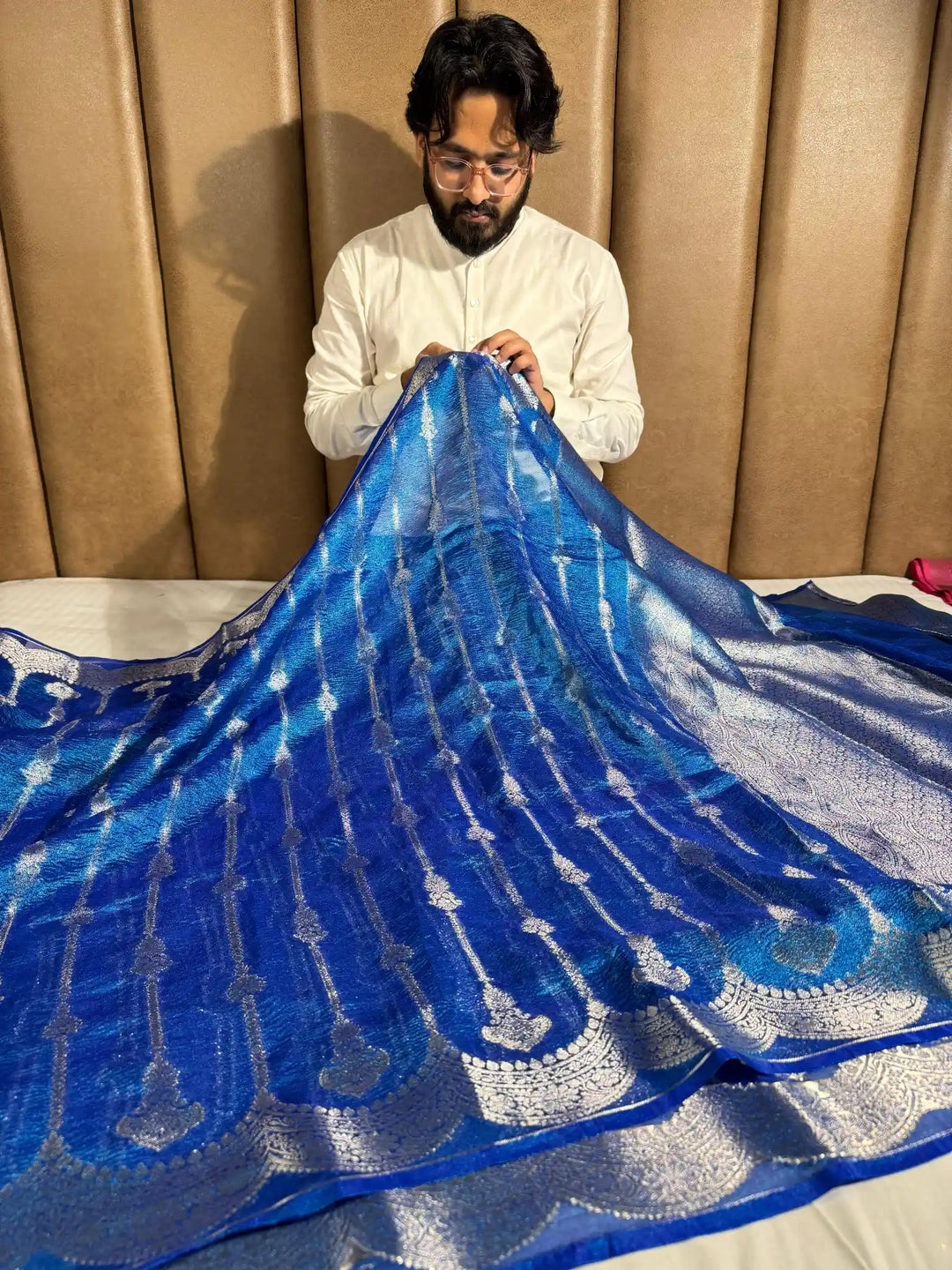 Premium Metallic Blue crush tissue silk saree with rich pallu and blouse