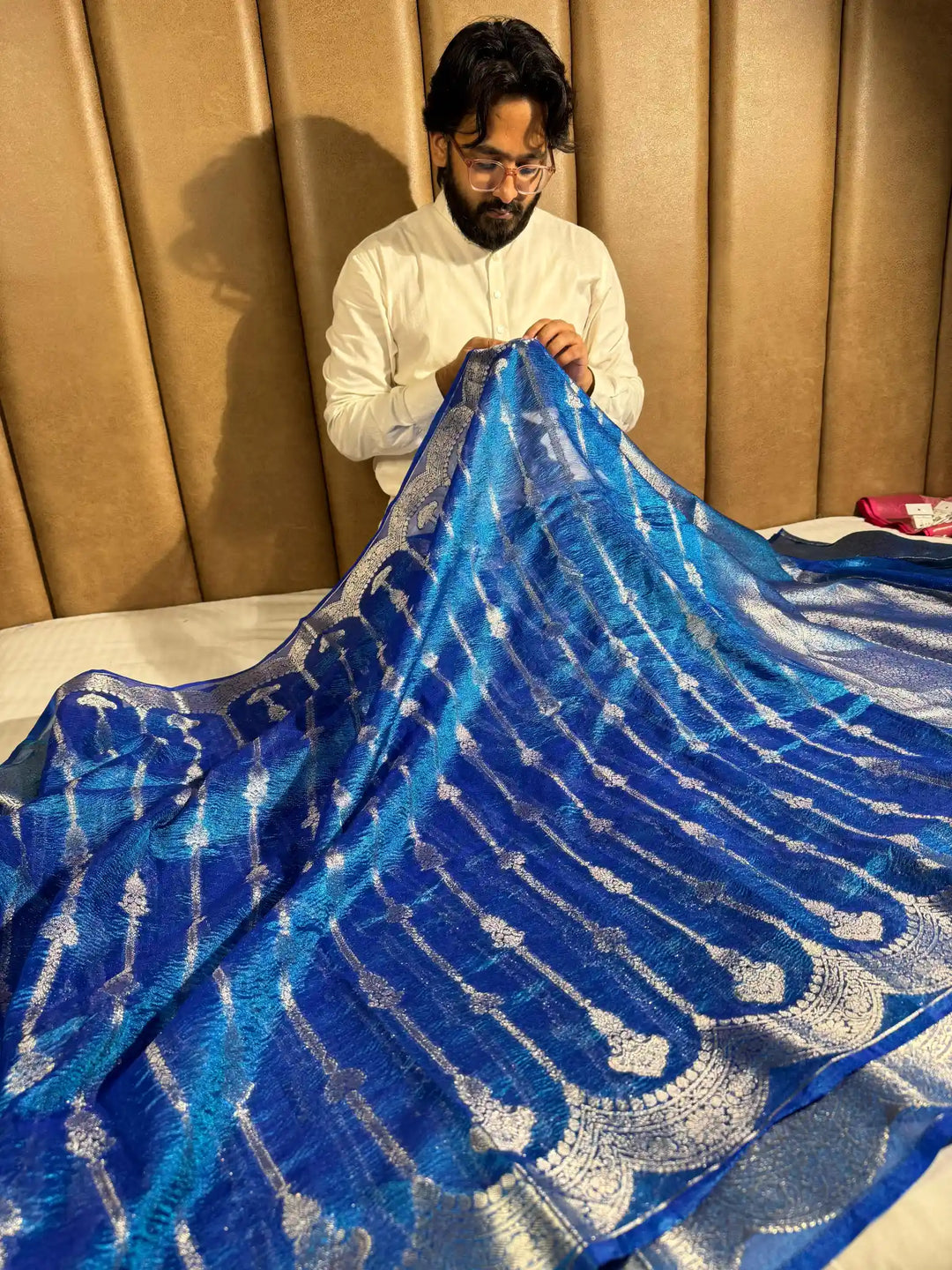 Premium Metallic Blue crush tissue silk saree with rich pallu and blouse