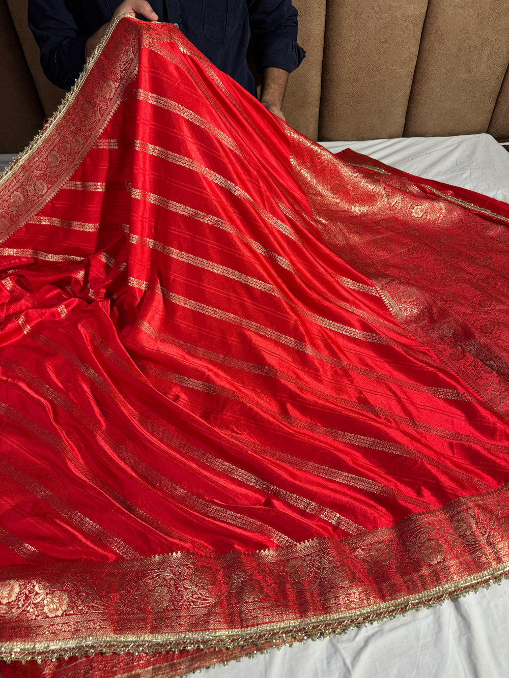 Premium Orange Mashru Katan Silk with Lace Work