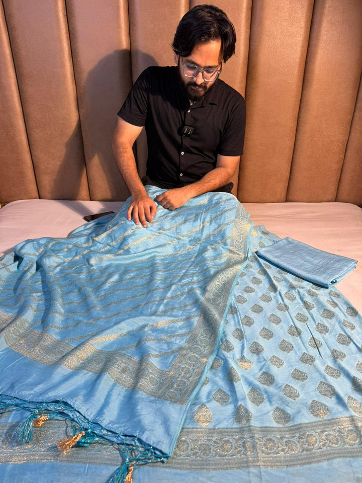 Premium Pastel Blue Banarasi Cotton Suit with Rich Heritage Texture Design