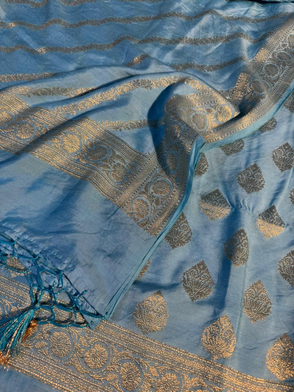 Premium Pastel Blue Banarasi Cotton Suit with Rich Heritage Texture Design