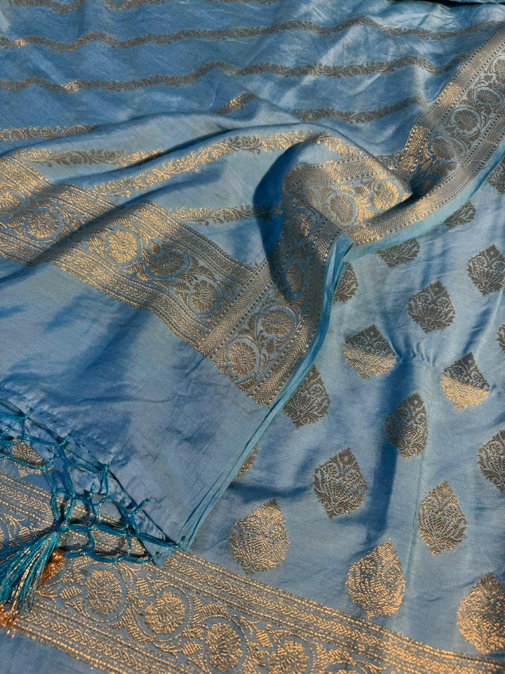 Premium Pastel Blue Banarasi Cotton Suit with Rich Heritage Texture Design