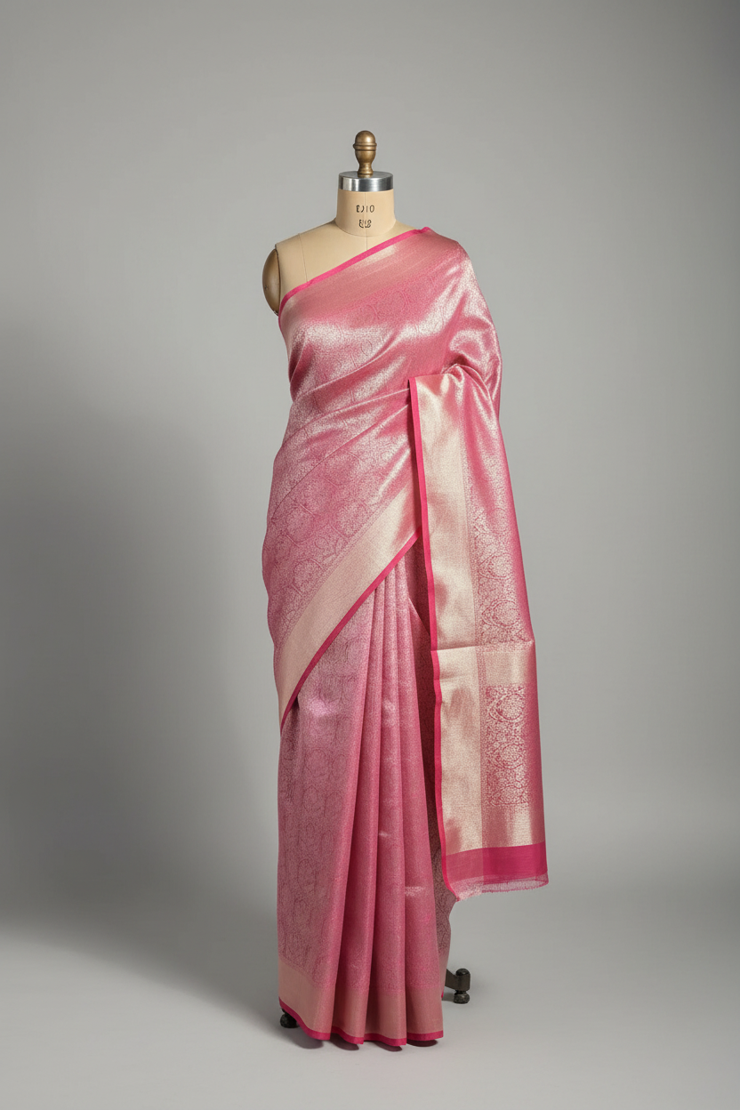Premium Pink Banarasi Glass Tissue Saree with Dual Tone