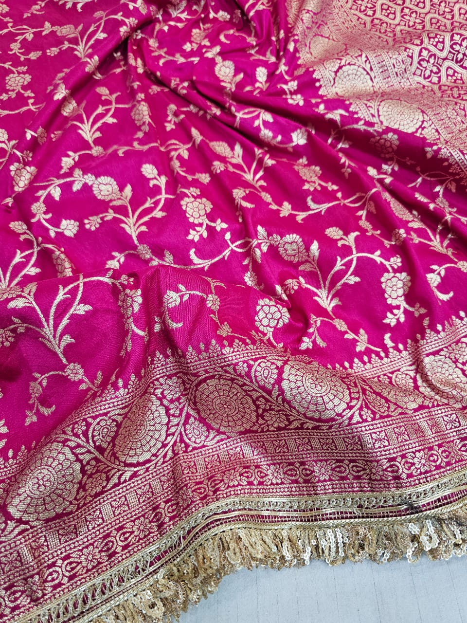 Premium Pink Georgette Banarasi Silk Saree with Heavy Lace Work 