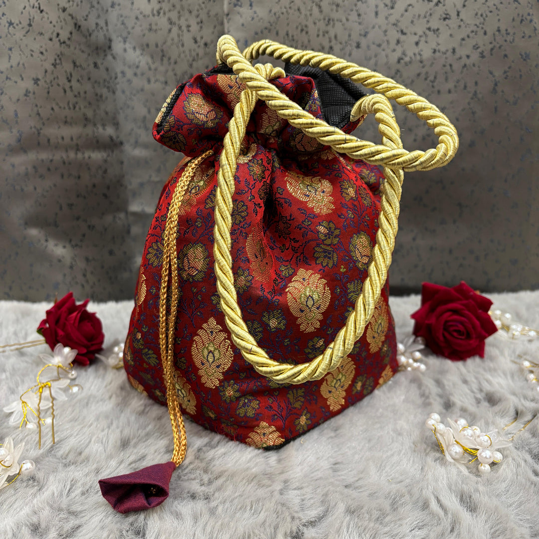 Premium Red Brocade Zari Buti Potli Bag