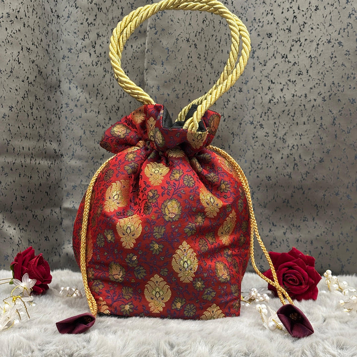 Premium Red Brocade Zari Buti Potli Bag