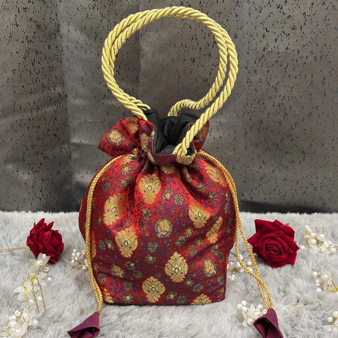 Premium Red Brocade Zari Buti Potli Bag