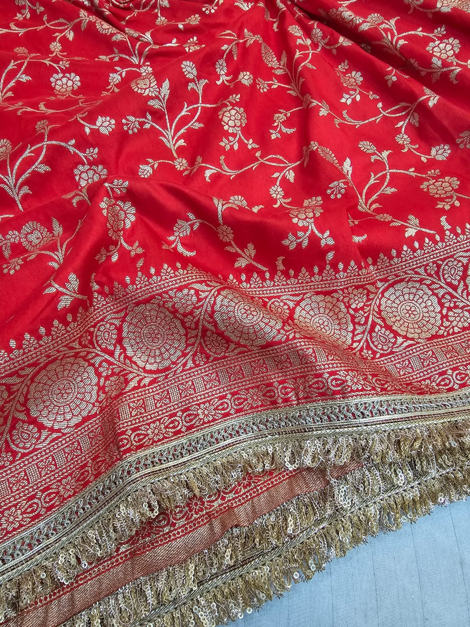 Premium Red Georgette Banarasi Silk Saree with Heavy Lace Work