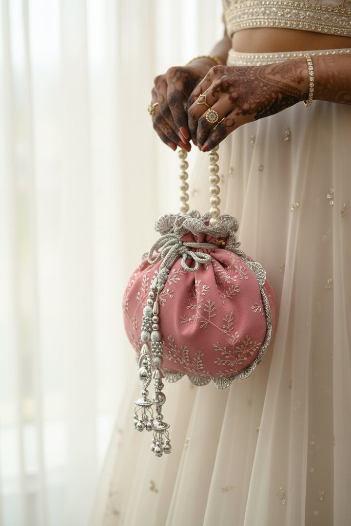 Premium Soft Pink Potli Bag with Embroidery & Lace  work