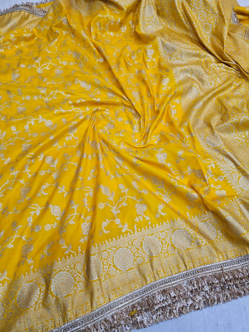 Premium Yellow Georgette Banarasi Silk Saree with Heavy Lace Work