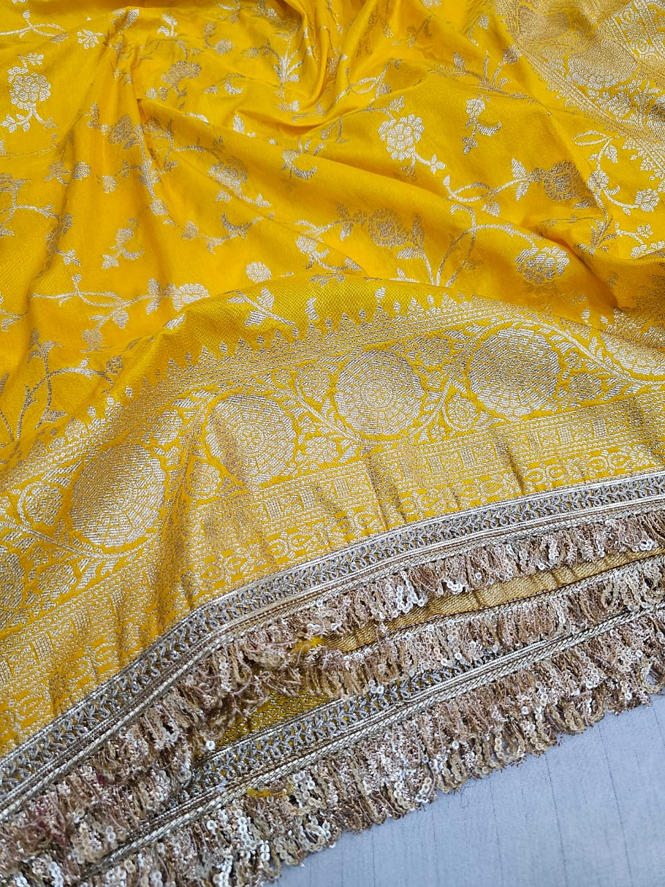 Premium Yellow Georgette Banarasi Silk Saree with Heavy Lace Work