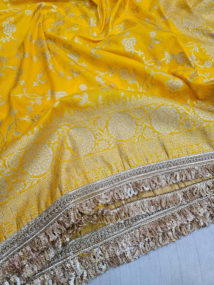 Premium Yellow Georgette Banarasi Silk Saree with Heavy Lace Work