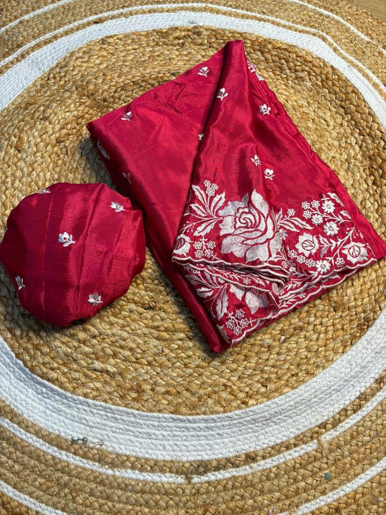Premium Mashru Katan Silk Saree with Fancy Embroidery Work and Lace Work