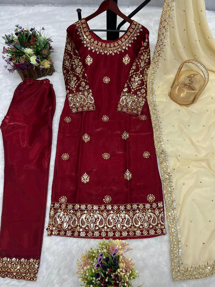 Red Pakistani Beauty Suit with Stitched Bottom