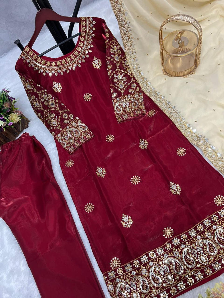 Red Pakistani Beauty Suit with Stitched Bottom