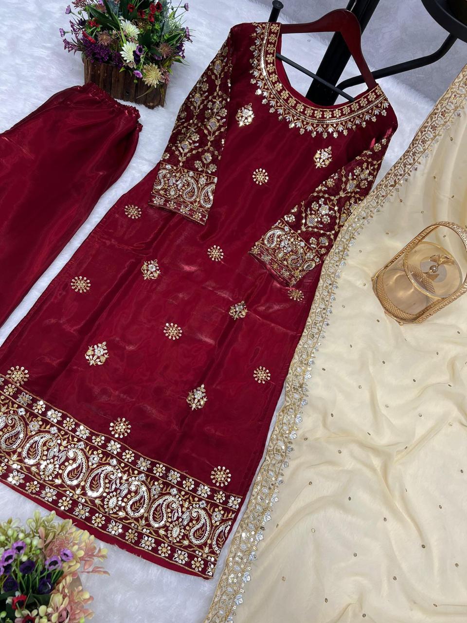 Red Pakistani Beauty Suit with Stitched Bottom