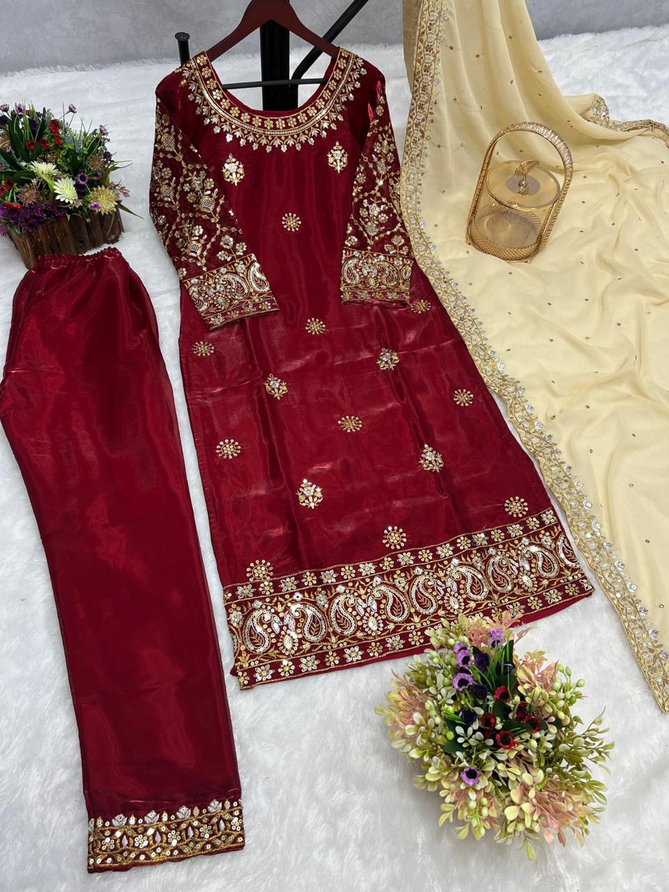 Red Pakistani Beauty Suit with Stitched Bottom