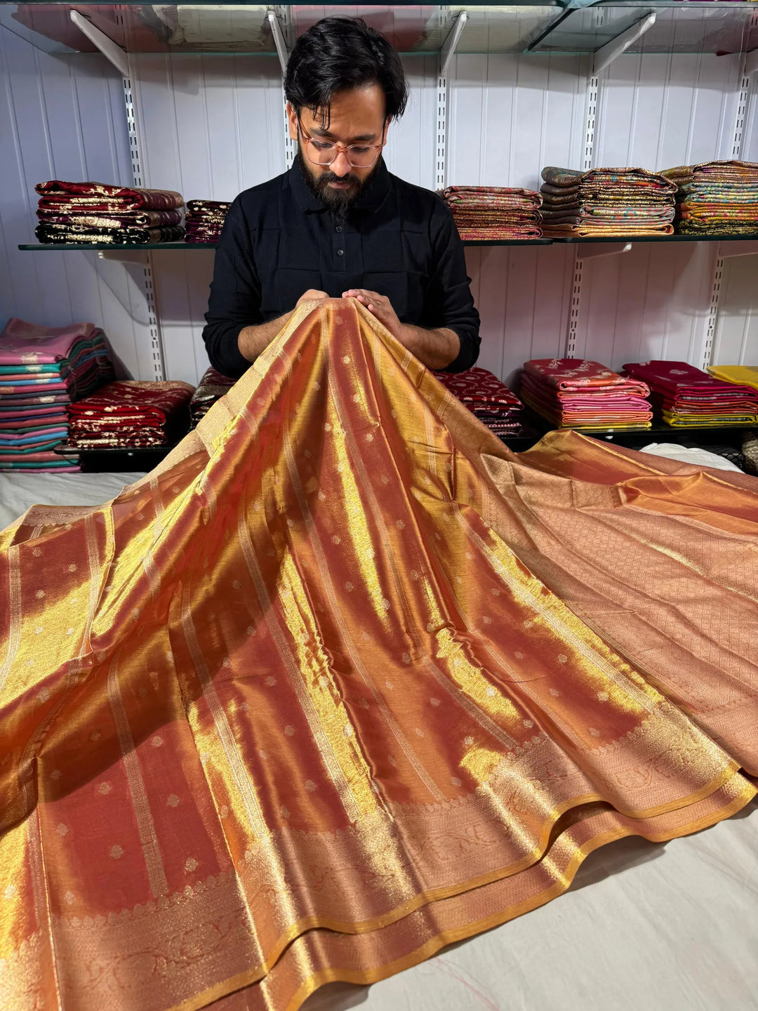 Premium banarasi orangish copper tissue silk saree with rich pallu and blouse