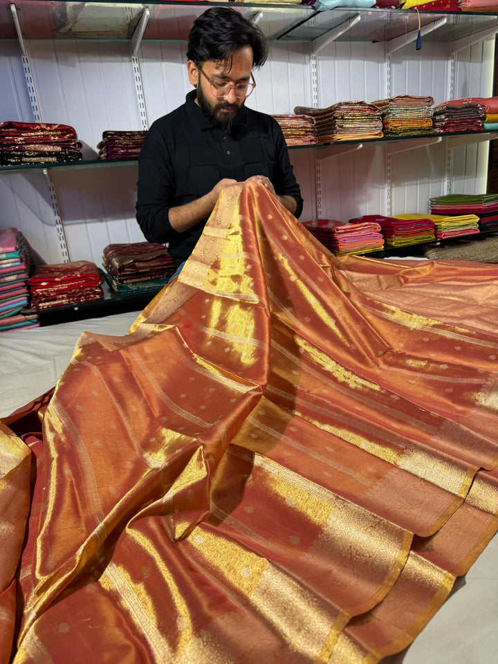 Premium banarasi orangish copper tissue silk saree with rich pallu and blouse
