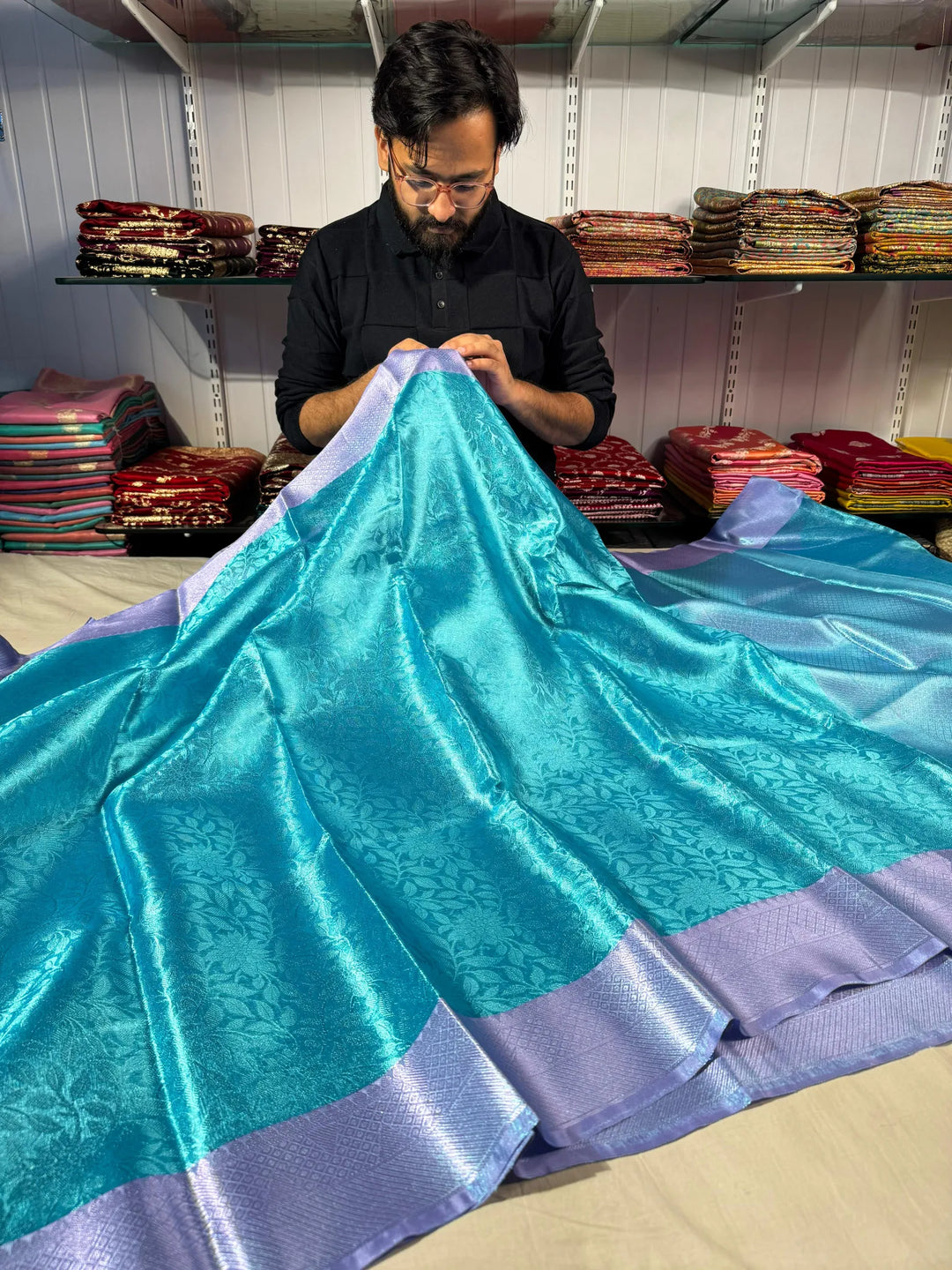 Premium blue tissue silk saree with soft zari and rich pallu
