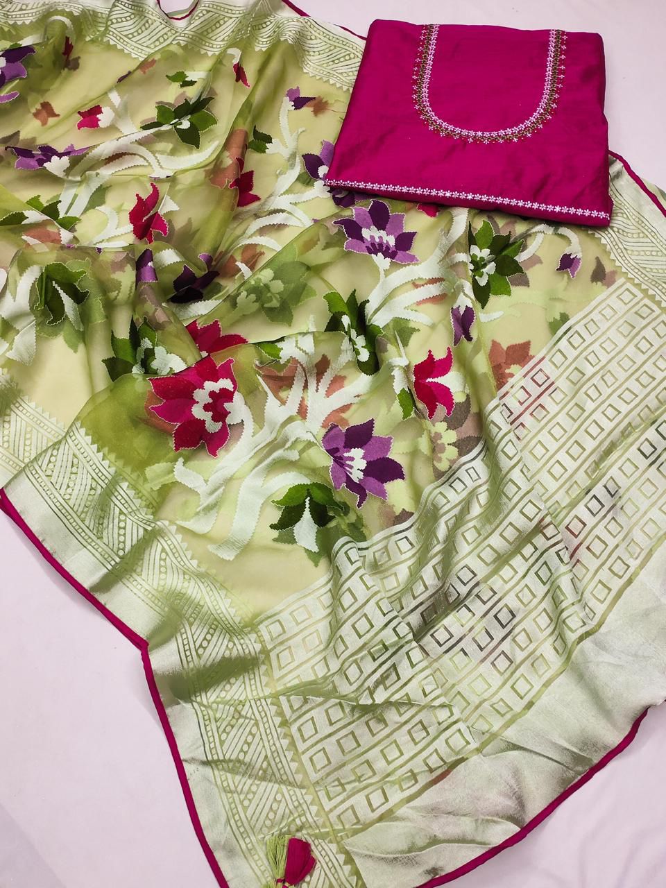 Premium Designer Organza Silk Saree with Handwork Blouse