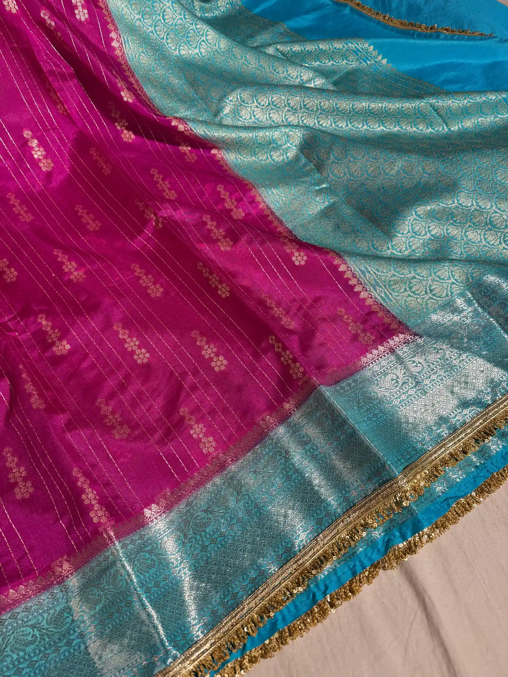 Premium duppion silk saree with rich pallu and lacework 