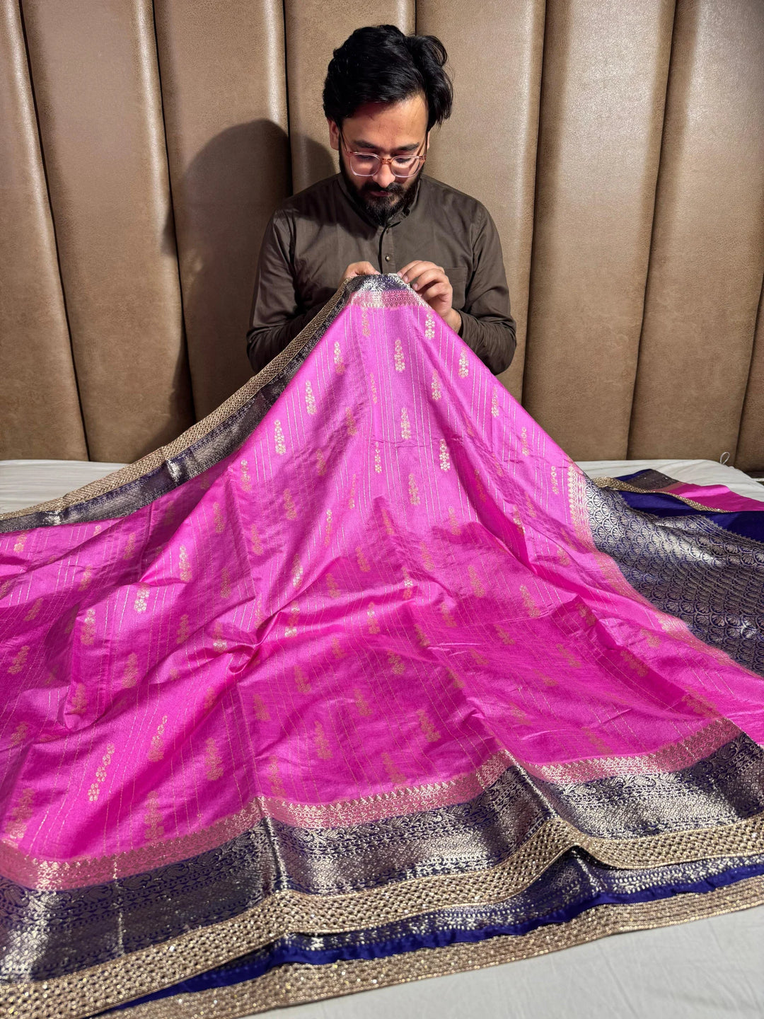 Premium rani pink banarasi warm silk saree with rich lacework and pallu