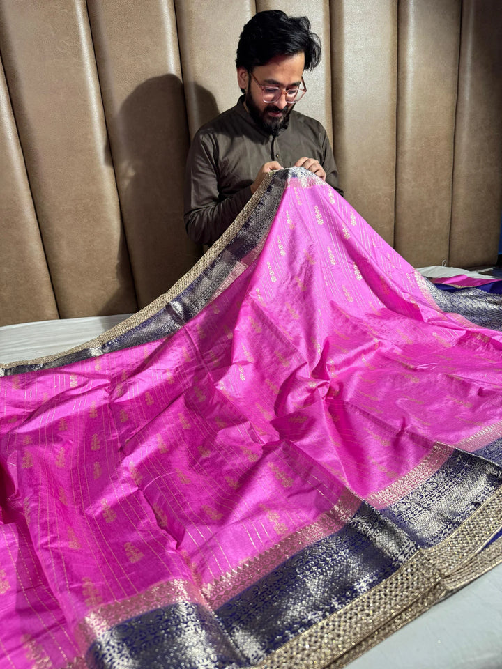 Premium rani pink banarasi warm silk saree with rich lacework and pallu