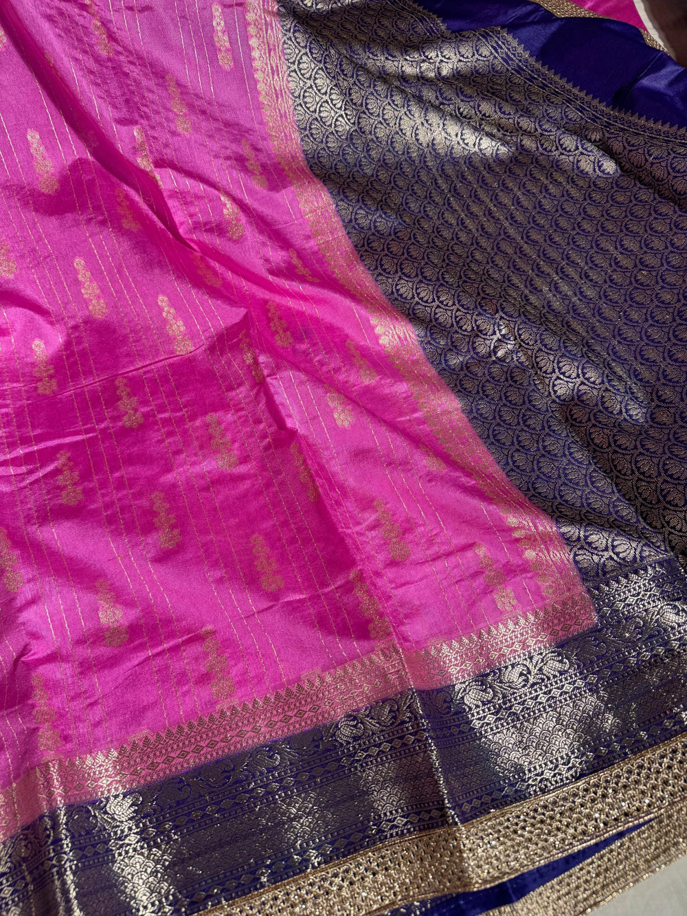 Premium rani pink banarasi warm silk saree with rich lacework and pallu