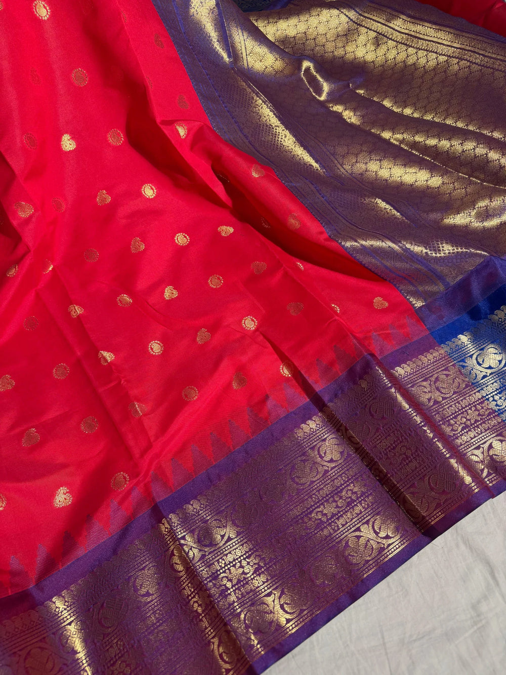 Premium red dharmavarm pattu silk saree with contrast rich pallu and blouse