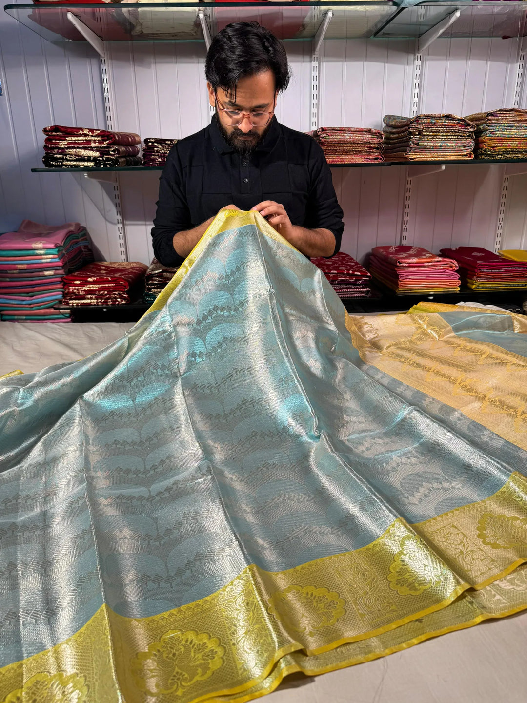 Premium shade tissue silk saree with soft zari and rich pallu